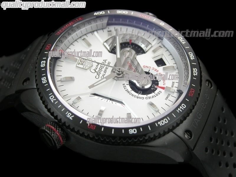 Tag Heuer Grand Carrera Calibre 36 DLC Titanium Chronograph-White dial Sucken Steel Subdials-Black Rubber Bracelet