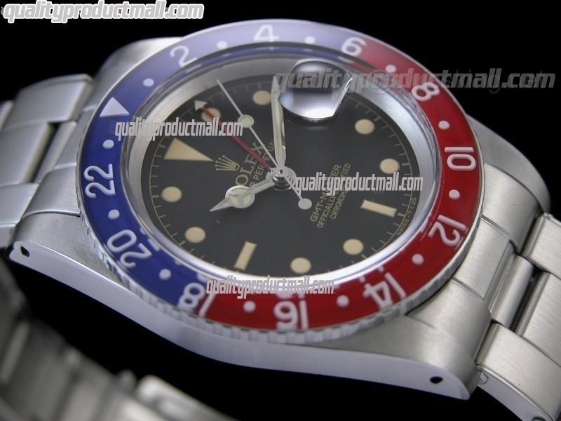 Rolex GMT II Vintage Swiss Automatic Watch-Black Dial Blue/Red Bezel-Stainless Steel Oyster Riverted Bracelet
