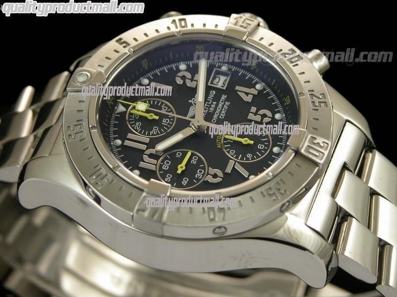 Breitling Skyland Avenger Chronograph-Black Dial Black Subdials Yellow needles-Stainless Steel Bracelet 