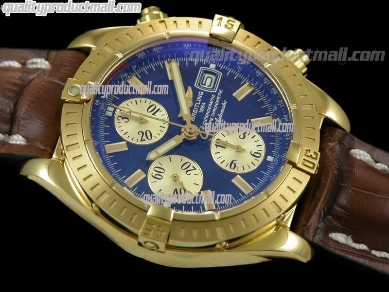 Breitling Chronomat Evolution V3 Chronograph 18K Gold-Blue Dial Gold Subdial Index Hour Markers-Brown Leather Bracelet