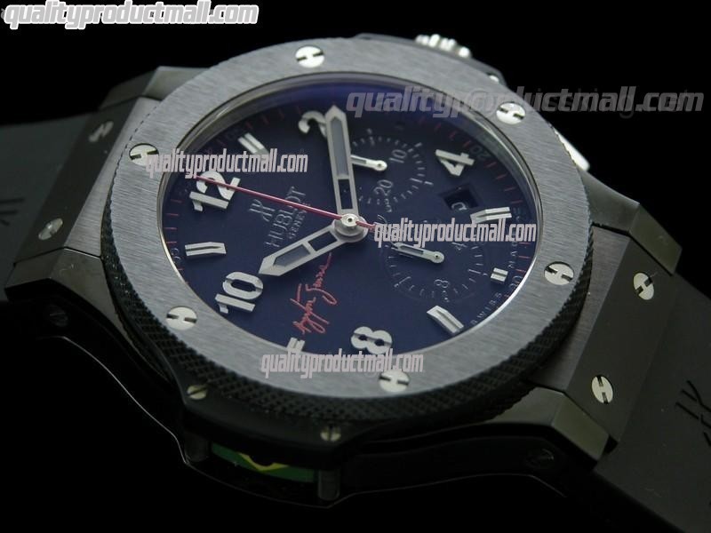 Hublot Big Bang Red Magic ARYTON SENNA Limited Edition Chronograph-Blue Dial Numeral Hour Markers-Black Rubber Strap