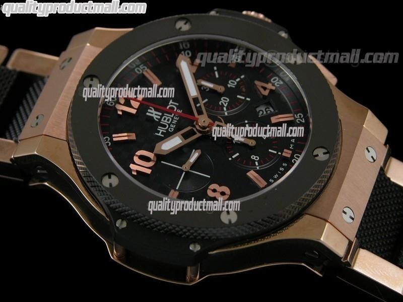 Hublot Big Bang Chronograph 18K Rose Gold-Black Dial Numeral Hour Markers-Stainless Steel Bracelet