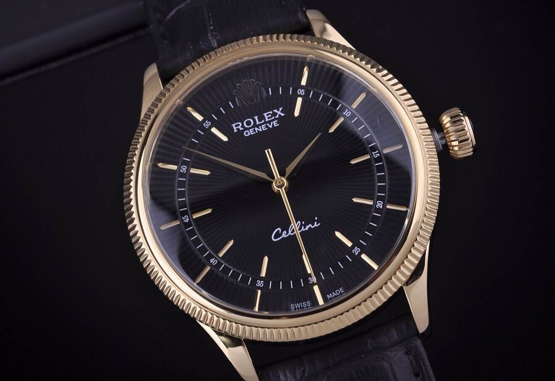 Rolex Cellini Swiss Automatic Watch Yellow Gold-Black Dial Stick Hour Markers-Black Leather Strap