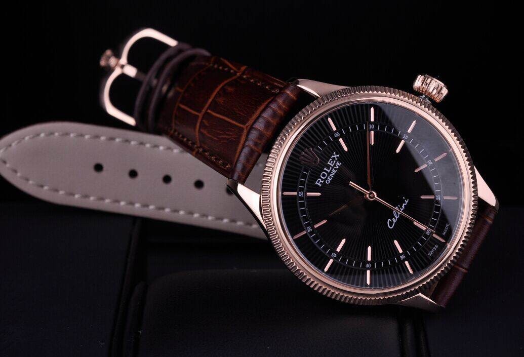 Rolex Cellini Swiss Automatic Watch Rose Gold-Ray Black Dial Stick Hour Markers-Brown Leather Strap