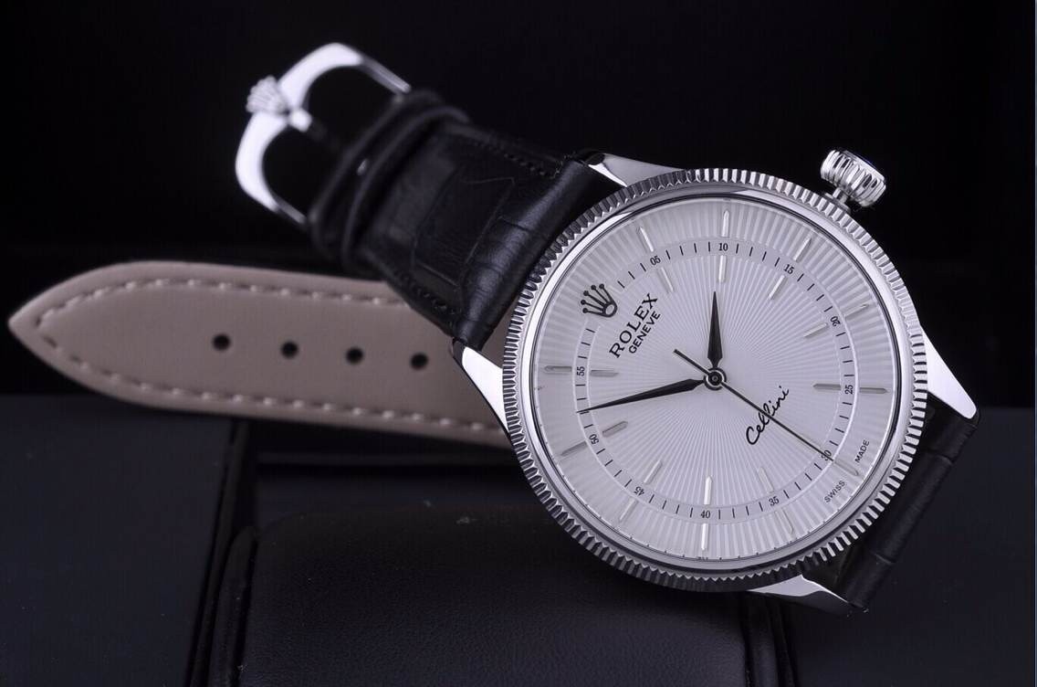 Rolex Cellini Swiss Automatic Watch White Gold-Ray White Dial Stick Hour Markers-Black Leather strap