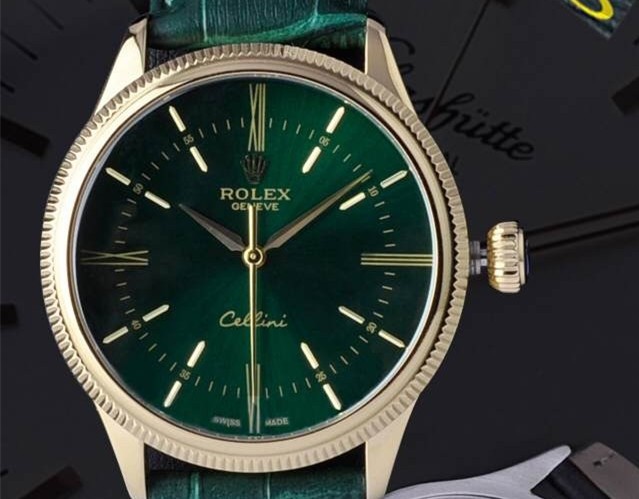 Rolex Cellini Swiss Automatic Watch Yellow Gold-Black Dial Stick Roman Hour Markers-Black Leather Strap