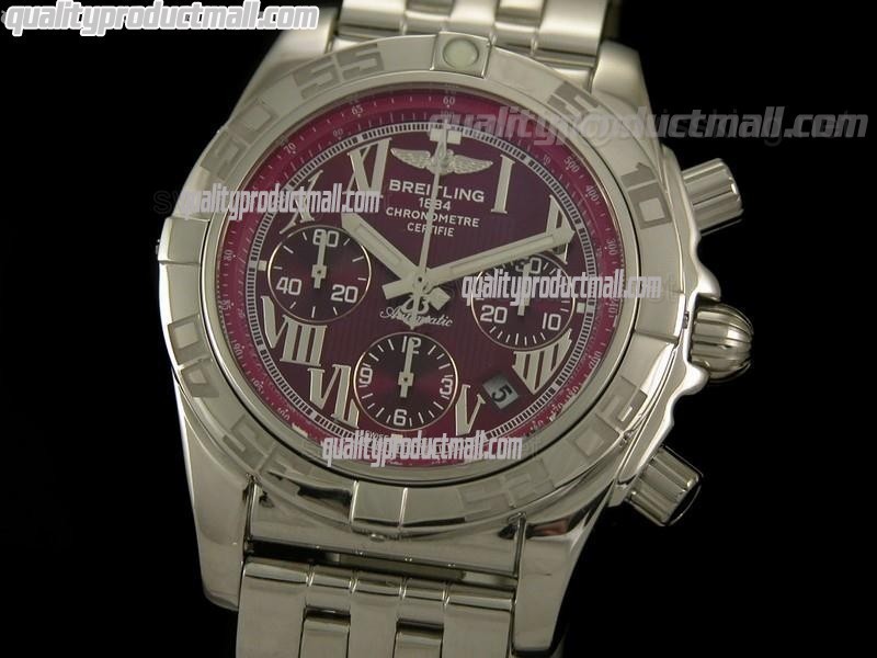 Breitling Chronomat B01 Chronograph-Burgundy Dial Roman Numeral Hour Markers-Stainless Steel Bracelet