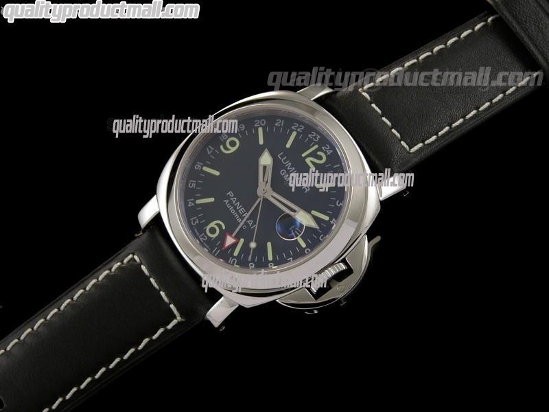 Panerai Regetta PAM063 GMT Automatic-Black Regetta Dial Stick/Numeral markers-Black Leather Strap