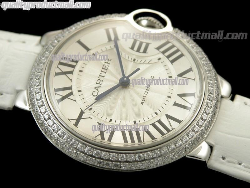 Cartier Blue Ballon Ladies Swiss Watch-White Dial Diamond Crested Bezel-White Leather Strap