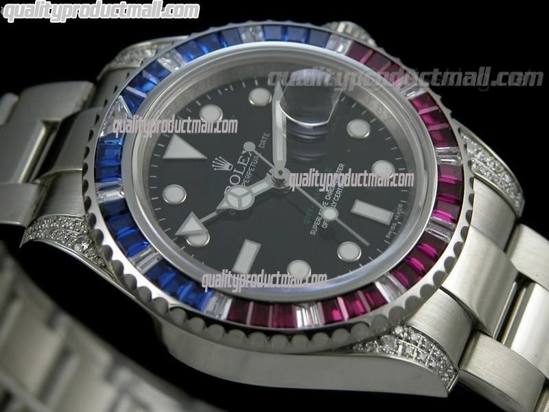 Rolex GMT II 50th Anniversary Bling Model Automatic Watch-Black Dial Ruby Red/Blue Bezel-Stainless Steel Oyster Bracelet 