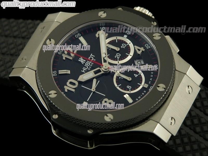 Hublot Big Bang Chronograph-Black Dial Numeral Hour Markers-Black Rubber Strap