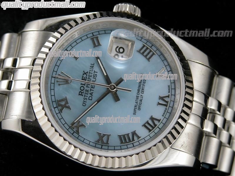 Rolex Datejust 36mm Swiss Automatic Watch-MOP Blue Dial Roman Numeral Hour Markers-Stainless Steel Jubilee Bracelet 