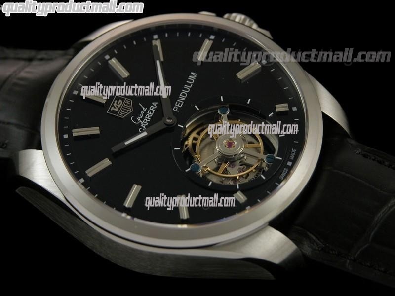 Tag Heuer Grand Carrera Tourbillon Handwould Watch-Black dial Steel Markers-Black Leather strap