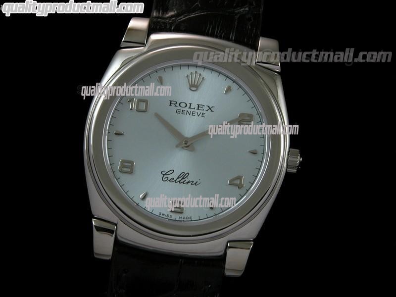 Rolex Cellini Swiss Quartz Watch-Lilac Blue Dial Droplet Hour Markers-Black Leather strap 