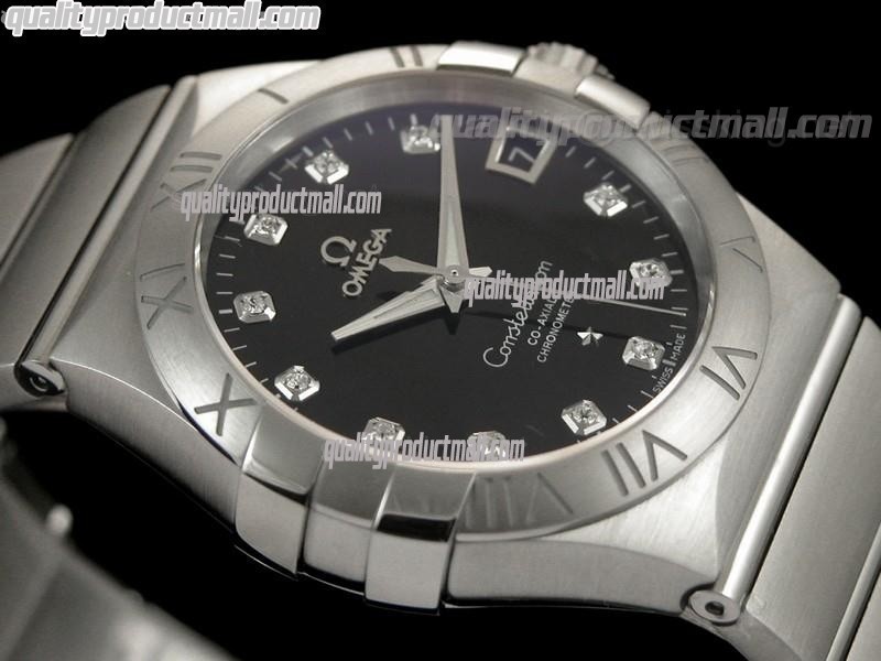 Omega Constellation Double Eagle Swiss-Black Dial-Stainless Steel Linked Strap