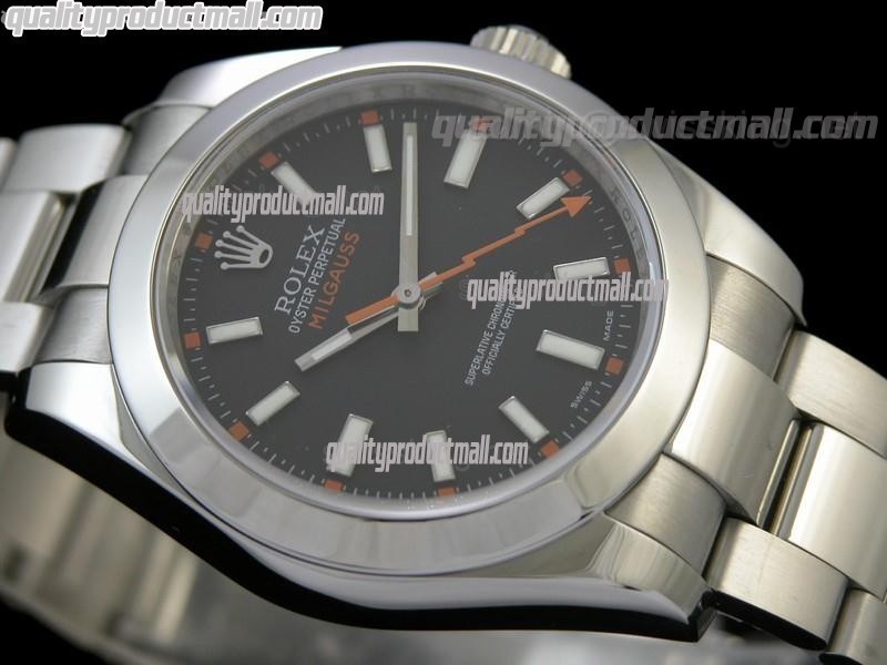 Rolex Milgauss Swiss ETA Automatic Watch-Black Dial Index Hour Markers-Stainless Steel Oyster Bracelet