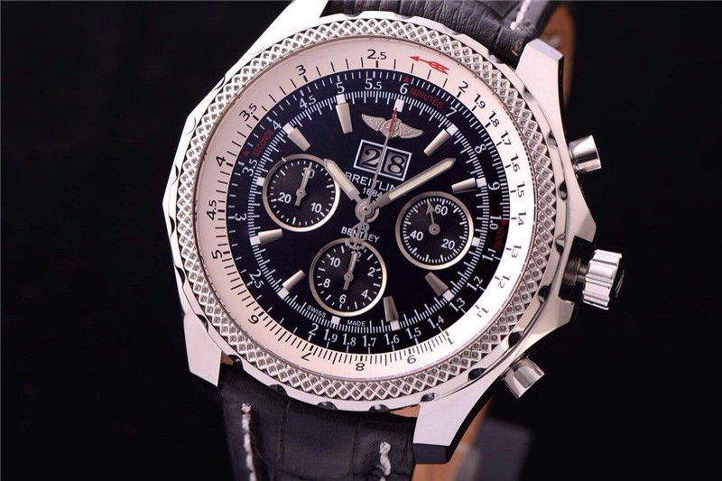 Breitling Bentley 6.75 Big Date Chronograph-Black Dial Black Subdials-Black Leather Strap