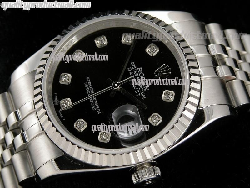 Rolex Datejust 36mm Swiss Automatic Watch-Black Dial Diamond Hour Markers-Stainless Steel Bracelet 