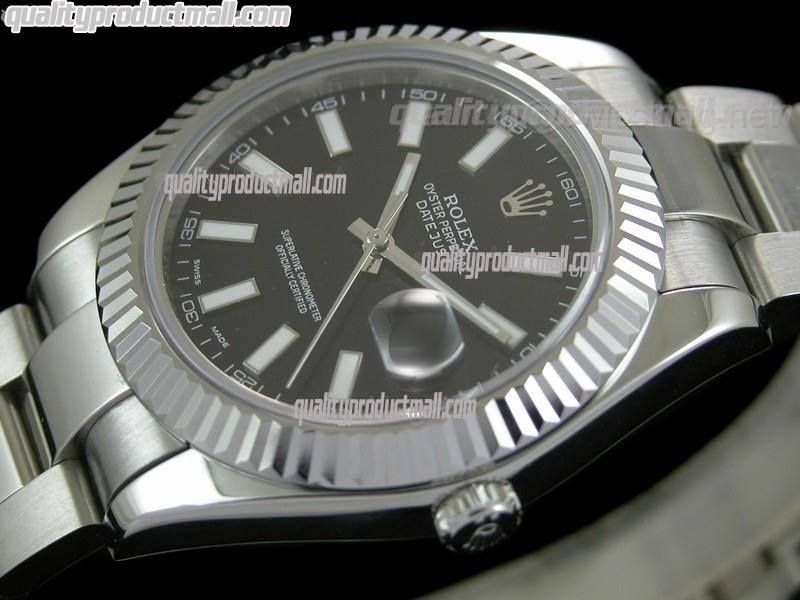 Rolex Datejust II 41mm Swiss Automatic Watch-Black Dial Index Hour Markers-Stainless Steel Oyster Bracelet