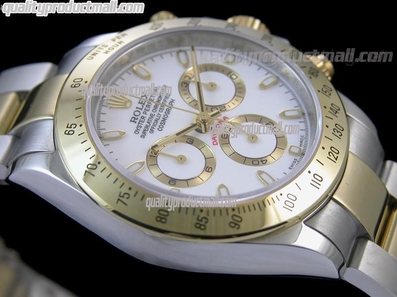 Rolex Daytona Swiss 18K Gold Bi Tone Chronograph-White Dial Gold Ring Subdials-Stainless Steel Oyster Bracelet