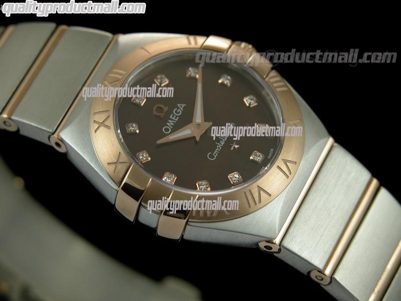 Omega Constellation Ladies Perlmutt Diamond Swiss Quartz-18k Rose Gold Brown Dial-Stainless Steel TT Linked Strap