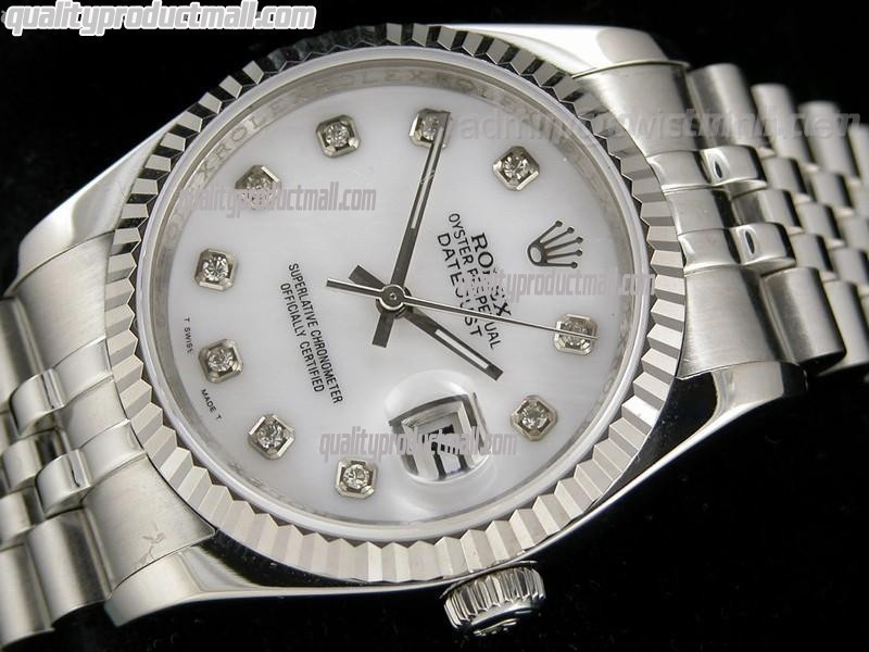 Rolex Datejust 36mm Swiss Automatic Watch-White Dial Diamond Hour Markers-Stainless Steel Jubilee Bracelet 