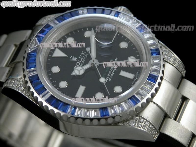 Rolex GMT II 50th Anniversary Bling Model Automatic Watch-Black Dial Blue Bezel-Stainless Steel Oyster Bracelet