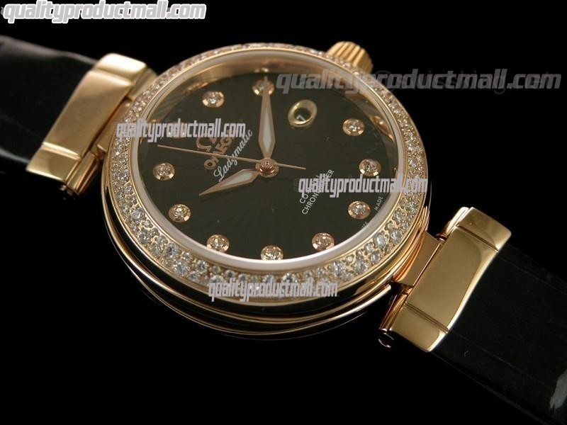 Omega Ladymatic 18K Rose Gold Diamond Swiss Automatic Watch-Black Coral Design Dial-Black Leather Strap