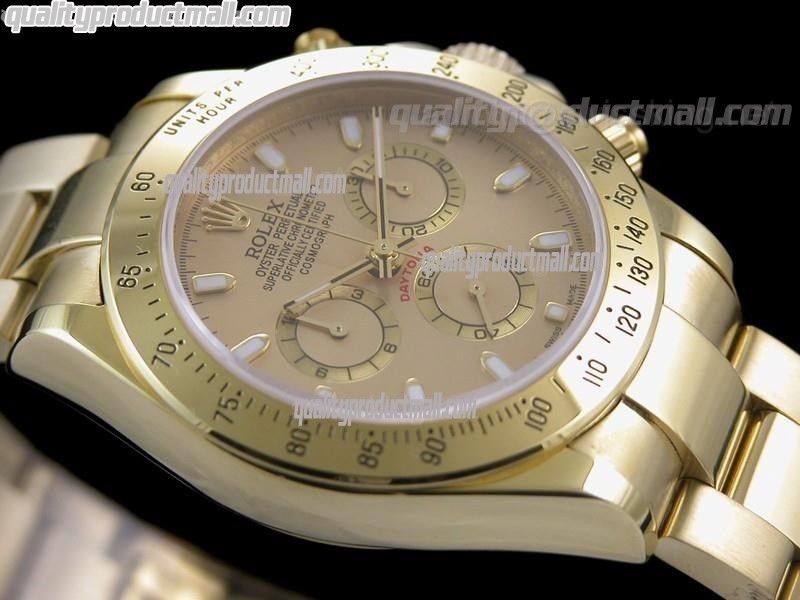 Rolex Daytona Swiss 18K Gold Chronograph-Gold Dial Gold Ring Subdials-Stainless Steel Oyster Bracelet 