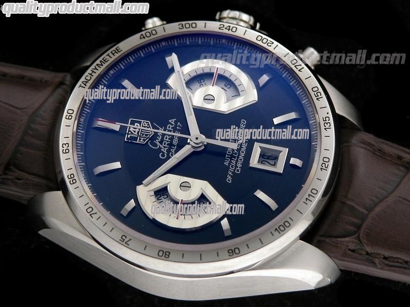 Tag Heuer Grand Carrera Calibre 17 Automatic Chronograph-Blue Dial Silver Ring Subdials-Brown Leather strap