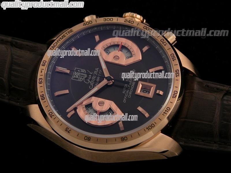 Tag Heuer Grand Carrera Calibre 17 Automatic Chronograph 18K Rose Gold-Brown Dial Silver Ring Subdials-Brown Leather strap