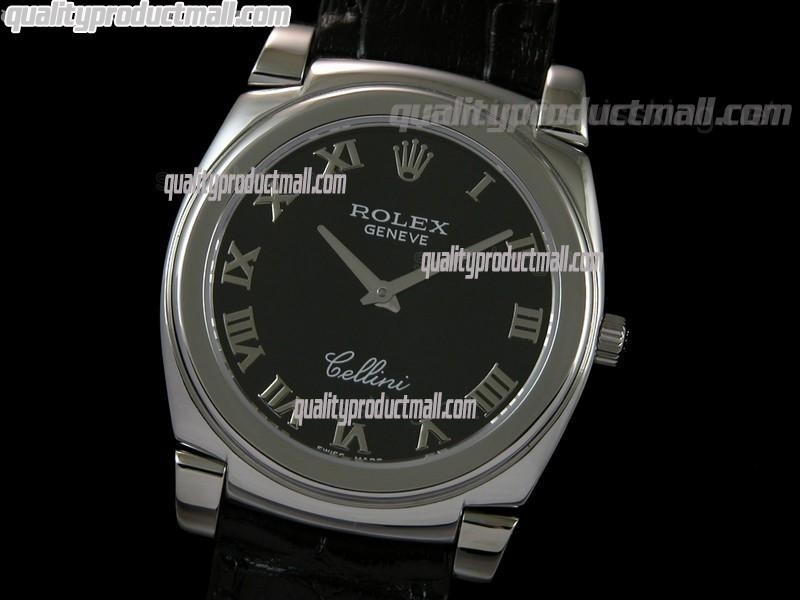 Rolex Cellini Swiss Quartz Watch-Black Dial Roman Numeral Hour Markers-Black Leather strap