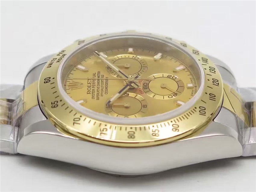 Rolex Daytona Swiss 18K Gold Bi Tone Chronograph-Gold Dial Gold Ring Subdials-Stainless Steel Oyster Bracelet