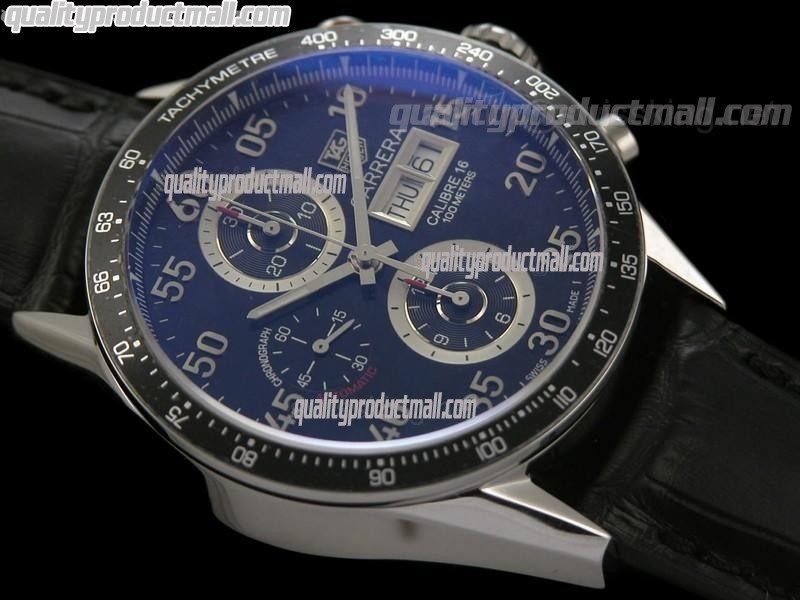 Tag Heuer Carrera Calibre 16 Day Date Automatic Chronograph-Blue Dial White Ring Subdials-Black Leather Strap