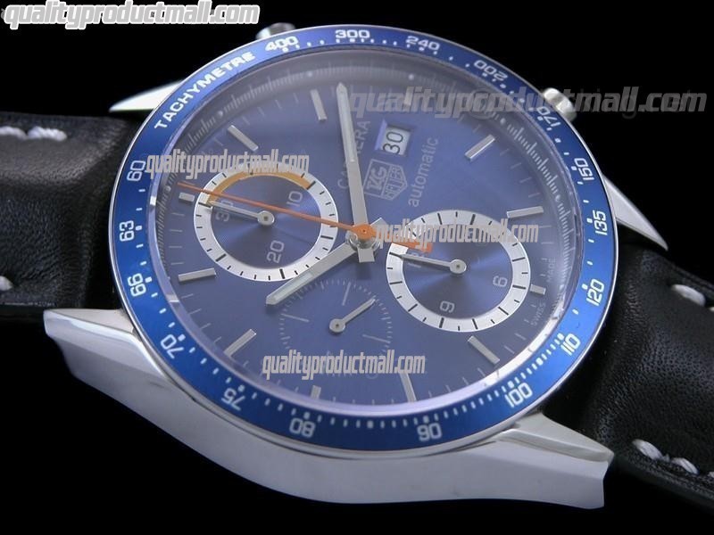 Tag Heuer Carrera 41MM Automatic Chronograph-Blue Dial Silver Ring subdials-Black Leather Strap