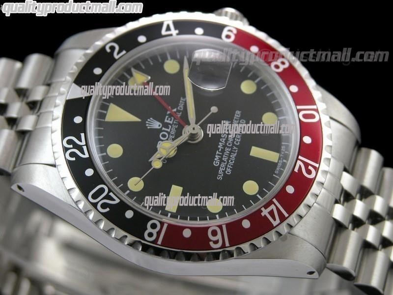 Rolex GMT II Swiss ETA Automatic Watch-Vintage Black Dial Black/Red Bezel-Stainless Steel Jubilee Bracelet