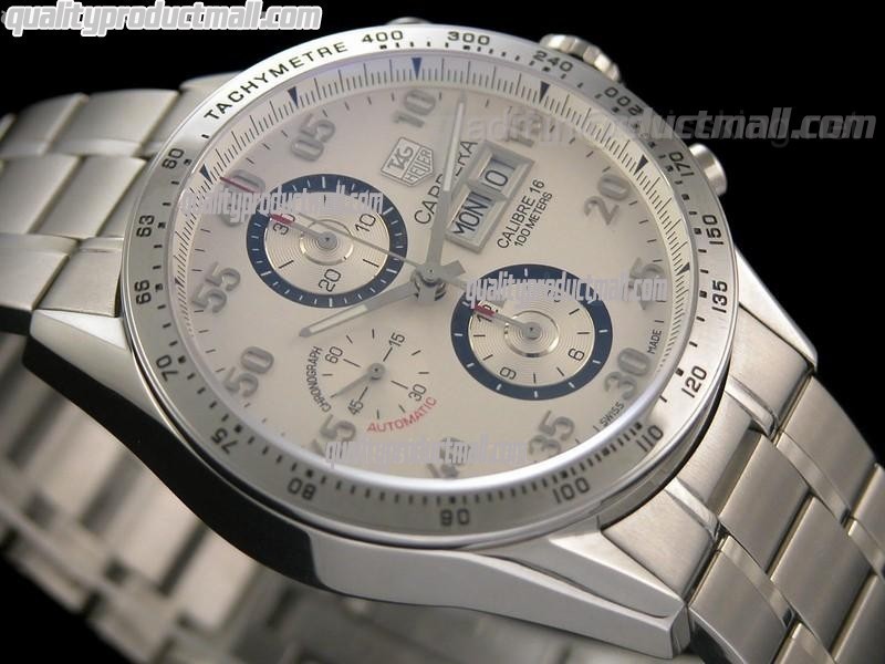 Tag Heuer Carrera Calibre 16 Day Date Automatic Chronograph-White Dial Blue Ring Subdials-Stainless Steel Bracelet 