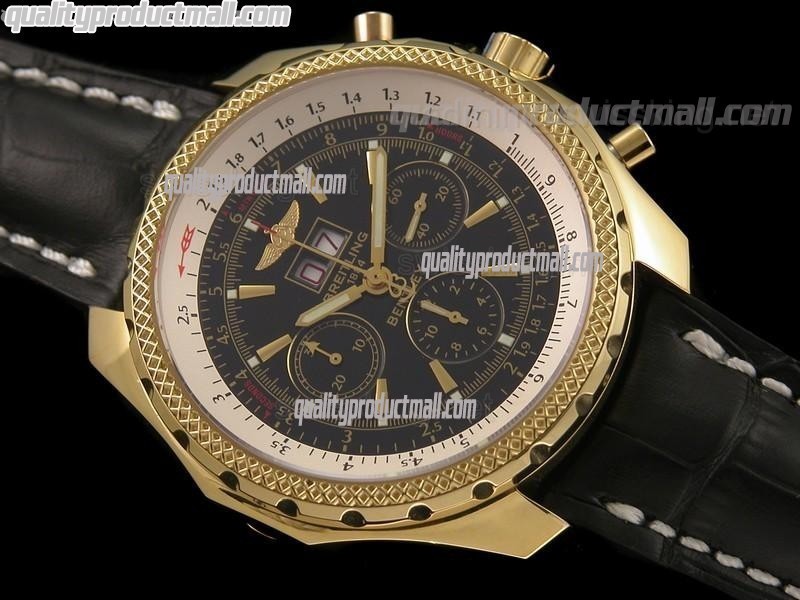 Breitling Bentley 30S Chronograph 18k Gold-Black Dial Black Subdials-Black Leather strap