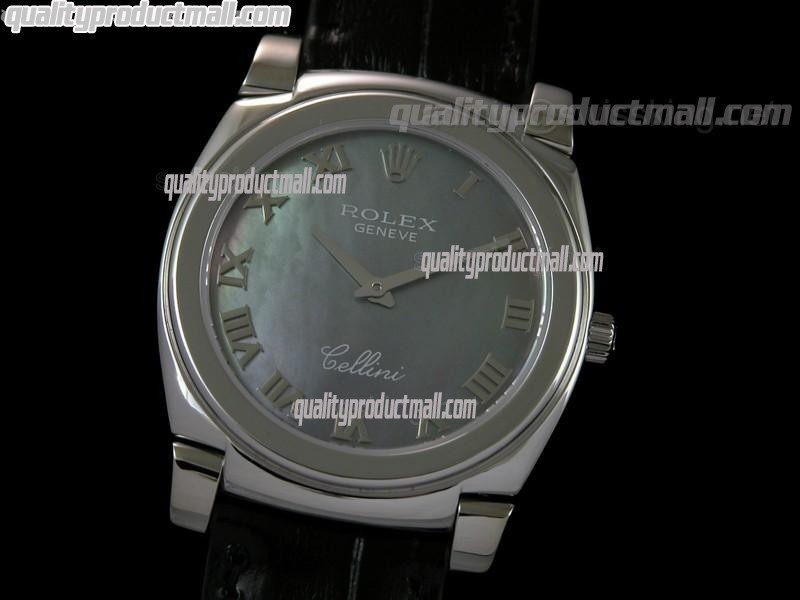Rolex Cellini Swiss Quartz Watch-MOP Black Dial Roman Numeral Hour Markers-Black Leather strap
