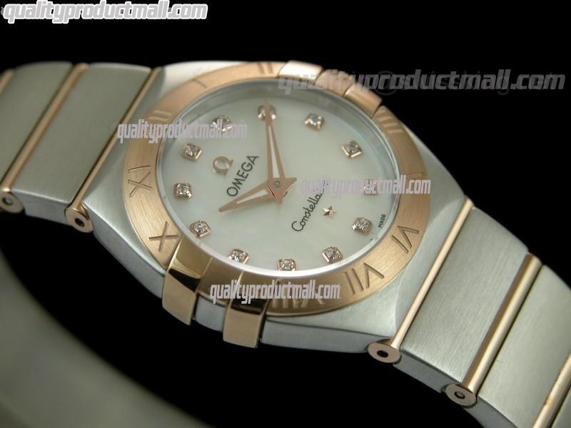 Omega Constellation Ladies Perlmutt Diamond Swiss Quartz-18K Rose Gold Mother of Pearl White Dial-Stainless Steel TT Linked Strap