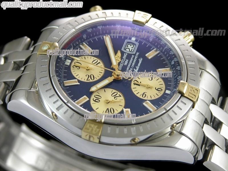 Breitling Chronomat Evolution V2 Chronograph 18k Gold-Blue Dial Gold Subdials Gold Index Markers-Stainless Steel Bracelet