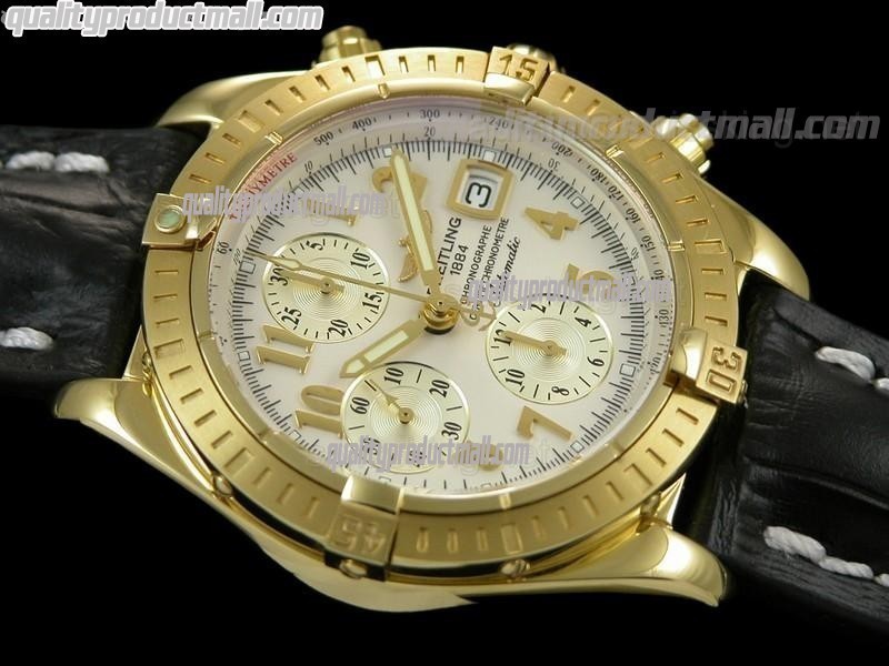 Breitling Chronomat Evolution V3 Chronograph 18K Gold-White Dial Gold Subdials Numeral Hour Markers-Black Leather Bracelet 