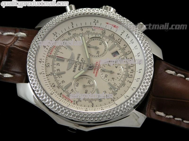 Breitling Bentley 30S Chronograph-White Dial White Subdials-Brown Leather Strap