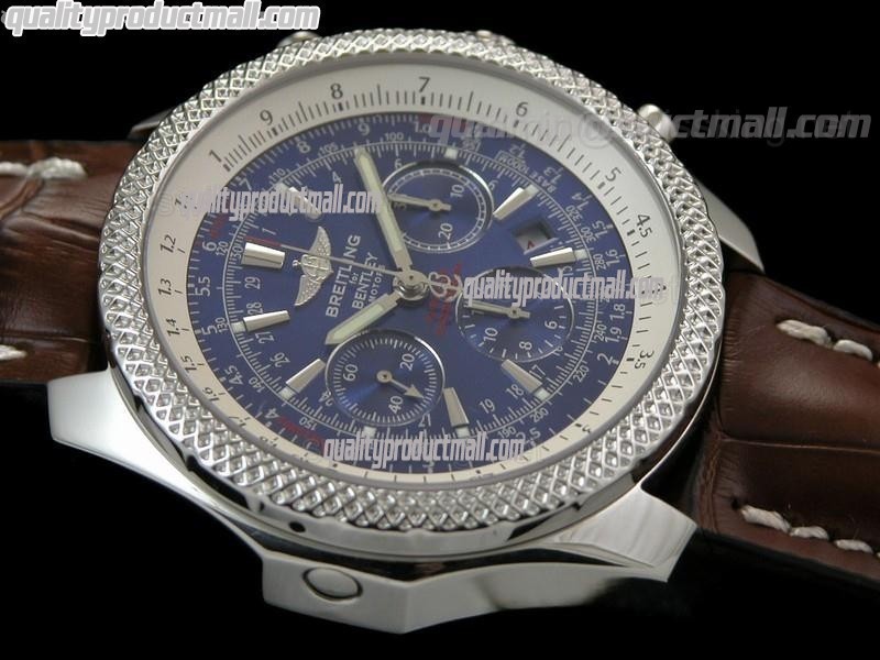 Breitling Bentley 30S Chronograph-Blue Dial Blue Subdials-Brown Leather Strap