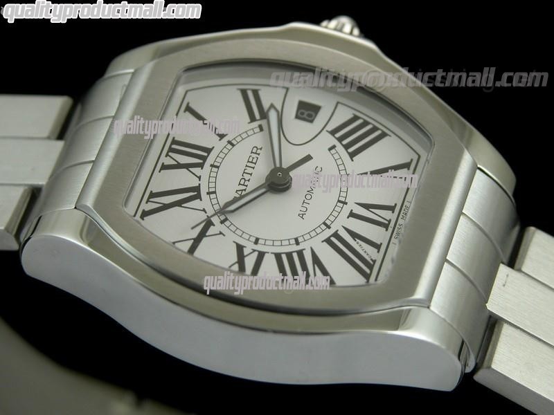 Cartier Roadster XXL Swiss Automatic Watch-White dial Black Roman Markers-Stainless Steel Bracelet