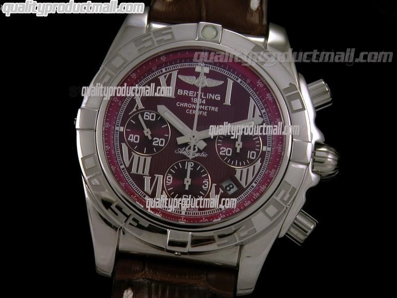 Breitling Chronomat B01 Chronograph-Burgundy Dials Roman Numerals Hour Markers-Brown Leather Strap