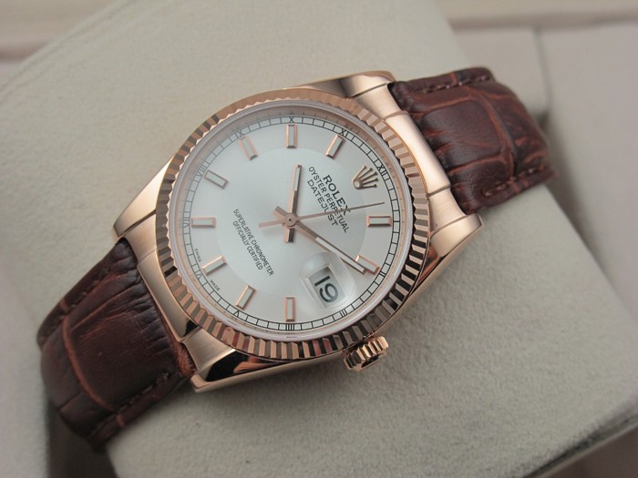 Rolex Datejust 36mm Swiss Automatic Watch 18K Gold-White Dial Stick Markers-Brown Leather Bracelet 