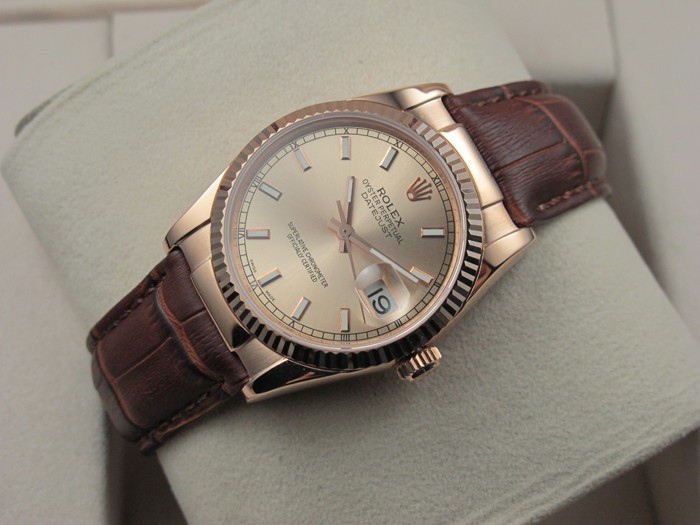 Rolex Datejust 36mm Swiss Automatic Watch Rose Gold-Golden Dial Stick Markers-Brown Leather Bracelet