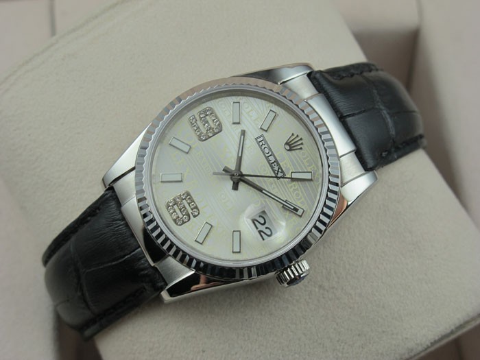 Rolex Datejust 36mm Swiss Automatic Watch-Black Dial Diamond Stick Markers-Black Leather Bracelet