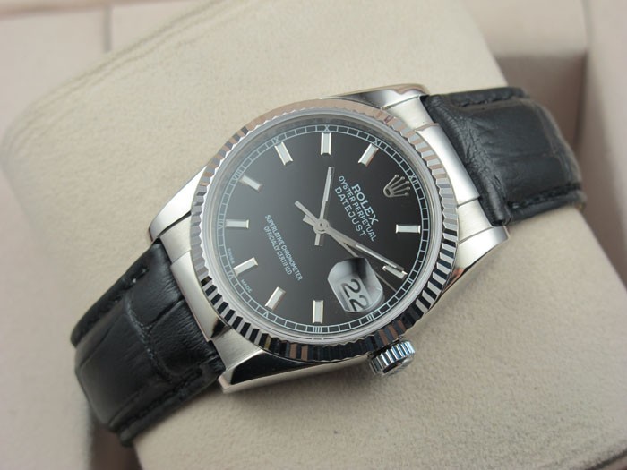 Rolex Datejust 36mm Swiss Automatic Watch-Black Dial Stick Markers-Black Leather Bracelet